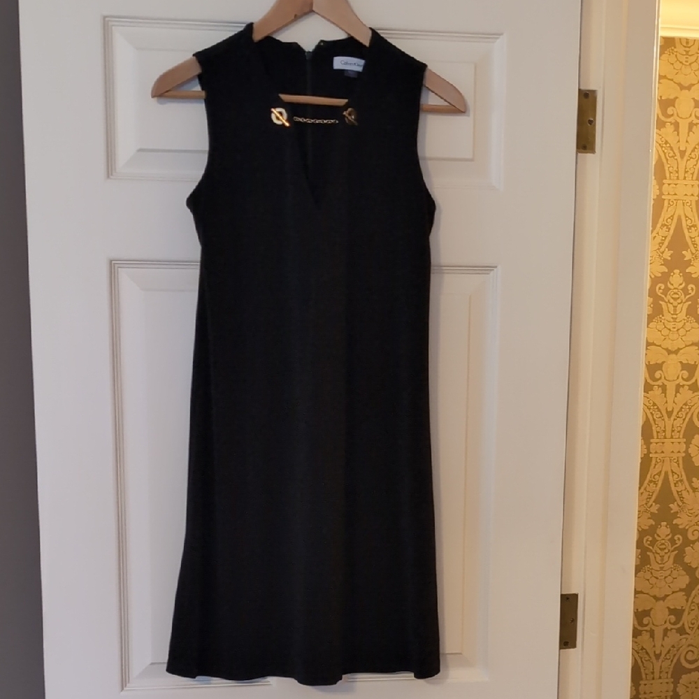Calvin Klein Elegant Black Midi Dress with Gold Detail